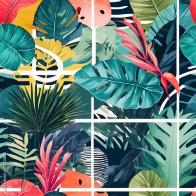 Papier peint  Beach cheerful seamless pattern wallpaper of tropical dark green leaves of palm trees and flowers bird of paradise (strelitzia) plumeria on a watercolor background