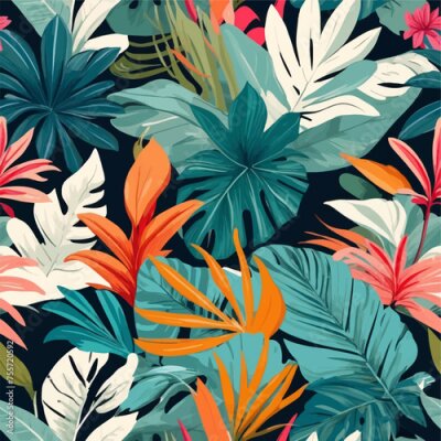 Papier peint  Beach cheerful seamless pattern wallpaper of tropical dark green leaves of palm trees and flowers bird of paradise (strelitzia) plumeria on a watercolor background