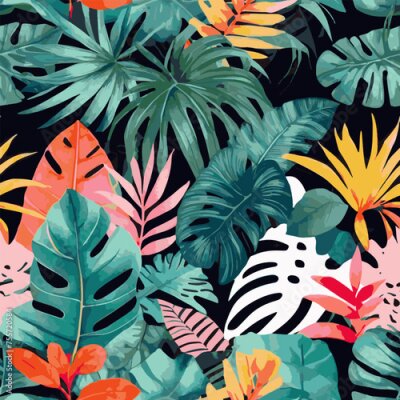 Papier peint  Beach cheerful seamless pattern wallpaper of tropical dark green leaves of palm trees and flowers bird of paradise (strelitzia) plumeria on a watercolor background