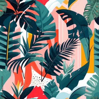 Papier peint  Beach cheerful seamless pattern wallpaper of tropical dark green leaves of palm trees and flowers bird of paradise (strelitzia) plumeria on a watercolor background