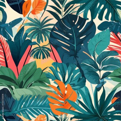 Papier peint  Beach cheerful seamless pattern wallpaper of tropical dark green leaves of palm trees and flowers bird of paradise (strelitzia) plumeria on a watercolor background