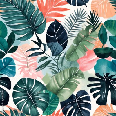Papier peint  Beach cheerful seamless pattern wallpaper of tropical dark green leaves of palm trees and flowers bird of paradise (strelitzia) plumeria on a watercolor background