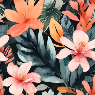 Papier peint  Beach cheerful seamless pattern wallpaper of tropical dark green leaves of palm trees and flowers bird of paradise (strelitzia) plumeria on a watercolor background