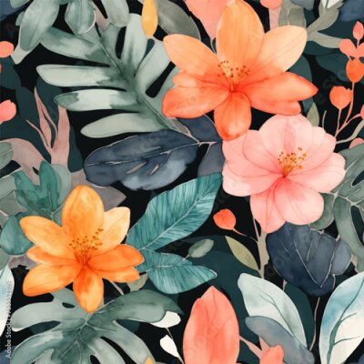 Papier peint  Beach cheerful seamless pattern wallpaper of tropical dark green leaves of palm trees and flowers bird of paradise (strelitzia) plumeria on a watercolor background