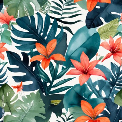 Papier peint  Beach cheerful seamless pattern wallpaper of tropical dark green leaves of palm trees and flowers bird of paradise (strelitzia) plumeria on a watercolor background