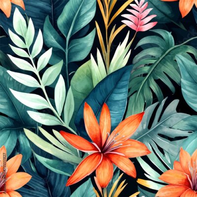 Papier peint  Beach cheerful seamless pattern wallpaper of tropical dark green leaves of palm trees and flowers bird of paradise (strelitzia) plumeria on a watercolor background