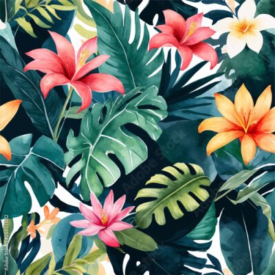 Papier peint  Beach cheerful seamless pattern wallpaper of tropical dark green leaves of palm trees and flowers bird of paradise (strelitzia) plumeria on a watercolor background