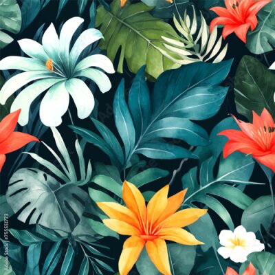 Papier peint  Beach cheerful seamless pattern wallpaper of tropical dark green leaves of palm trees and flowers bird of paradise (strelitzia) plumeria on a watercolor background