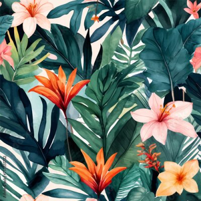 Papier peint  Beach cheerful seamless pattern wallpaper of tropical dark green leaves of palm trees and flowers bird of paradise (strelitzia) plumeria on a watercolor background