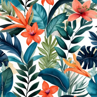 Papier peint  Beach cheerful seamless pattern wallpaper of tropical dark green leaves of palm trees and flowers bird of paradise (strelitzia) plumeria on a watercolor background