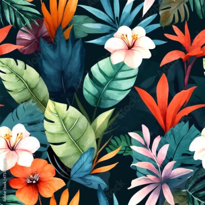 Papier peint  Beach cheerful seamless pattern wallpaper of tropical dark green leaves of palm trees and flowers bird of paradise (strelitzia) plumeria on a watercolor background