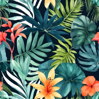 Papier peint  Beach cheerful seamless pattern wallpaper of tropical dark green leaves of palm trees and flowers bird of paradise (strelitzia) plumeria on a watercolor background