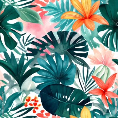 Papier peint  Beach cheerful seamless pattern wallpaper of tropical dark green leaves of palm trees and flowers bird of paradise (strelitzia) plumeria on a watercolor background