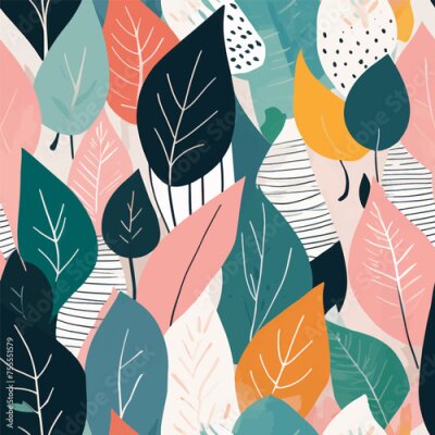 Papier peint  Beach cheerful seamless pattern wallpaper of tropical dark green leaves of palm trees and flowers bird of paradise (strelitzia) plumeria on a watercolor background