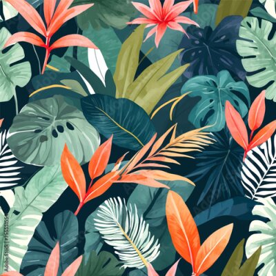 Papier peint  Beach cheerful seamless pattern wallpaper of tropical dark green leaves of palm trees and flowers bird of paradise (strelitzia) plumeria on a watercolor background