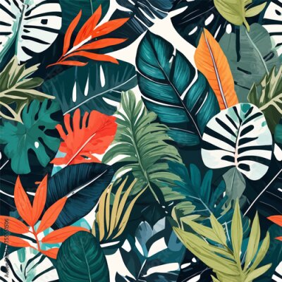 Papier peint  Beach cheerful seamless pattern wallpaper of tropical dark green leaves of palm trees and flowers bird of paradise (strelitzia) plumeria on a watercolor background