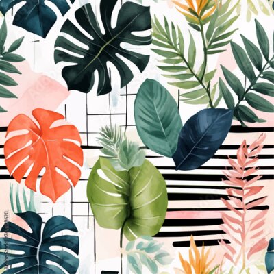 Papier peint  Beach cheerful seamless pattern wallpaper of tropical dark green leaves of palm trees and flowers bird of paradise (strelitzia) plumeria on a watercolor background