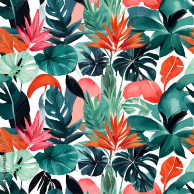 Papier peint  Beach cheerful seamless pattern wallpaper of tropical dark green leaves of palm trees and flowers bird of paradise (strelitzia) plumeria on a watercolor background
