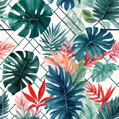 Papier peint  Beach cheerful seamless pattern wallpaper of tropical dark green leaves of palm trees and flowers bird of paradise (strelitzia) plumeria on a watercolor background