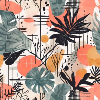 Papier peint  Beach cheerful seamless pattern wallpaper of tropical dark green leaves of palm trees and flowers bird of paradise (strelitzia) plumeria on a watercolor background