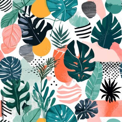 Papier peint  Beach cheerful seamless pattern wallpaper of tropical dark green leaves of palm trees and flowers bird of paradise (strelitzia) plumeria on a watercolor background