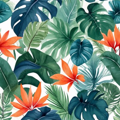 Papier peint  Beach cheerful seamless pattern wallpaper of tropical dark green leaves of palm trees and flowers bird of paradise (strelitzia) plumeria on a watercolor background