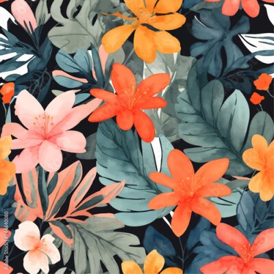 Papier peint  Beach cheerful seamless pattern wallpaper of tropical dark green leaves of palm trees and flowers bird of paradise (strelitzia) plumeria on a watercolor background
