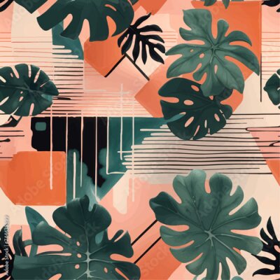 Papier peint  Beach cheerful seamless pattern wallpaper of tropical dark green leaves of palm trees and flowers bird of paradise (strelitzia) plumeria on a watercolor background