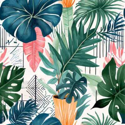Papier peint  Beach cheerful seamless pattern wallpaper of tropical dark green leaves of palm trees and flowers bird of paradise (strelitzia) plumeria on a watercolor background