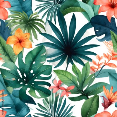 Papier peint  Beach cheerful seamless pattern wallpaper of tropical dark green leaves of palm trees and flowers bird of paradise (strelitzia) plumeria on a watercolor background