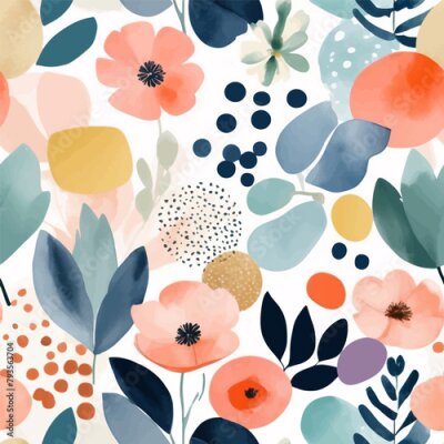 Papier peint  Beach cheerful seamless pattern wallpaper of tropical dark green leaves of palm trees and flowers bird of paradise (strelitzia) plumeria on a watercolor background