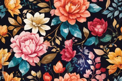 Papier peint  Beach cheerful seamless pattern wallpaper of tropical dark green leaves of palm trees and flowers bird of paradise (strelitzia) plumeria on a watercolor background