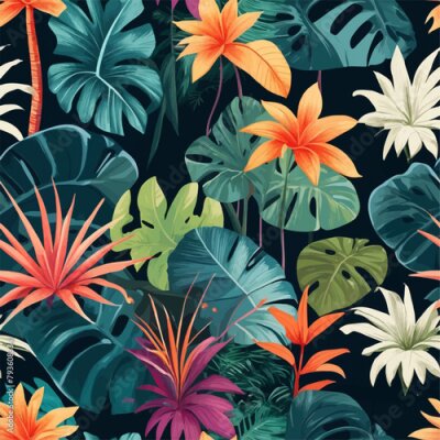 Papier peint  Beach cheerful seamless pattern wallpaper of tropical dark green leaves of palm trees and flowers bird of paradise (strelitzia) plumeria on a watercolor background