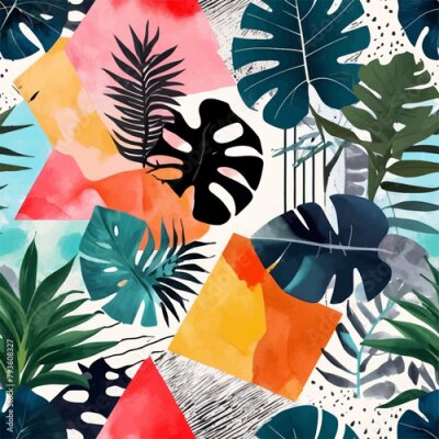 Papier peint  Beach cheerful seamless pattern wallpaper of tropical dark green leaves of palm trees and flowers bird of paradise (strelitzia) plumeria on a watercolor background