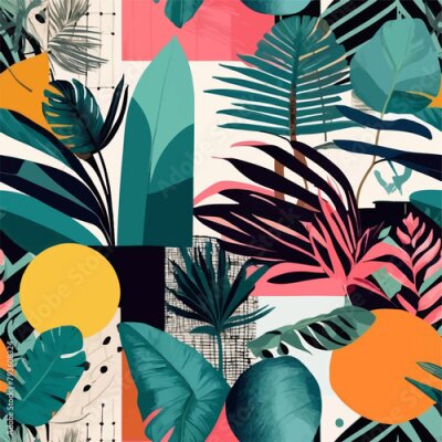 Papier peint  Beach cheerful seamless pattern wallpaper of tropical dark green leaves of palm trees and flowers bird of paradise (strelitzia) plumeria on a watercolor background