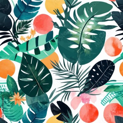 Papier peint  Beach cheerful seamless pattern wallpaper of tropical dark green leaves of palm trees and flowers bird of paradise (strelitzia) plumeria on a watercolor background
