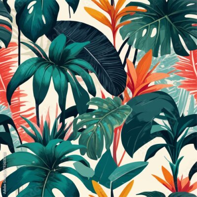 Papier peint  Beach cheerful seamless pattern wallpaper of tropical dark green leaves of palm trees and flowers bird of paradise (strelitzia) plumeria on a watercolor background