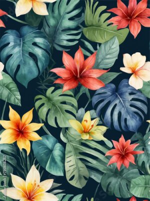 Papier peint  Beach cheerful seamless pattern wallpaper of tropical dark green leaves of palm trees and flowers bird of paradise (strelitzia) plumeria on a watercolor background