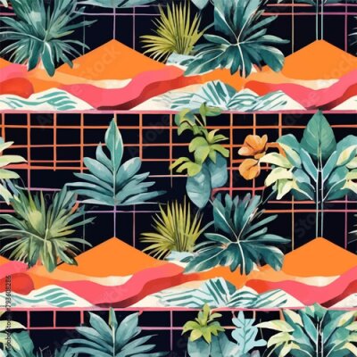 Papier peint  Beach cheerful seamless pattern wallpaper of tropical dark green leaves of palm trees and flowers bird of paradise (strelitzia) plumeria on a watercolor background