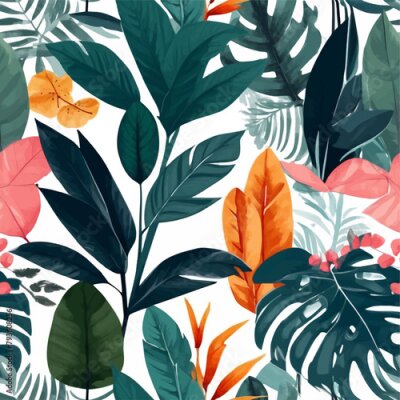 Papier peint  Beach cheerful seamless pattern wallpaper of tropical dark green leaves of palm trees and flowers bird of paradise (strelitzia) plumeria on a watercolor background