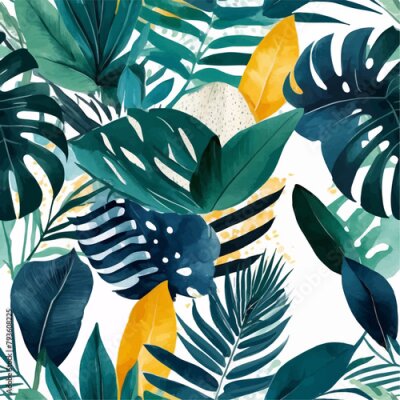 Papier peint  Beach cheerful seamless pattern wallpaper of tropical dark green leaves of palm trees and flowers bird of paradise (strelitzia) plumeria on a watercolor background