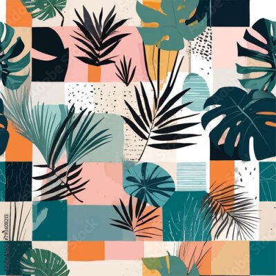 Papier peint  Beach cheerful seamless pattern wallpaper of tropical dark green leaves of palm trees and flowers bird of paradise (strelitzia) plumeria on a watercolor background