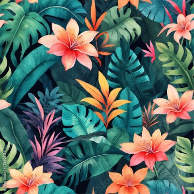 Papier peint  Beach cheerful seamless pattern wallpaper of tropical dark green leaves of palm trees and flowers bird of paradise (strelitzia) plumeria on a watercolor background