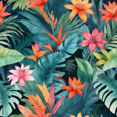 Papier peint  Beach cheerful seamless pattern wallpaper of tropical dark green leaves of palm trees and flowers bird of paradise (strelitzia) plumeria on a watercolor background