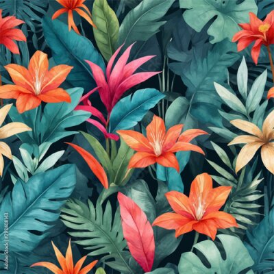 Papier peint  Beach cheerful seamless pattern wallpaper of tropical dark green leaves of palm trees and flowers bird of paradise (strelitzia) plumeria on a watercolor background