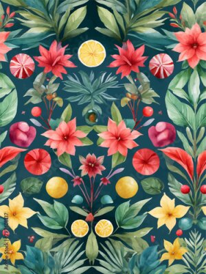 Papier peint  Beach cheerful seamless pattern wallpaper of tropical dark green leaves of palm trees and flowers bird of paradise (strelitzia) plumeria on a watercolor background