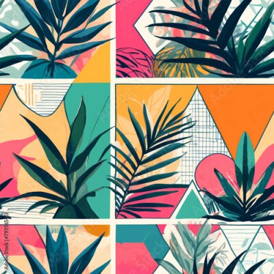 Papier peint  Beach cheerful seamless pattern wallpaper of tropical dark green leaves of palm trees and flowers bird of paradise (strelitzia) plumeria on a watercolor background