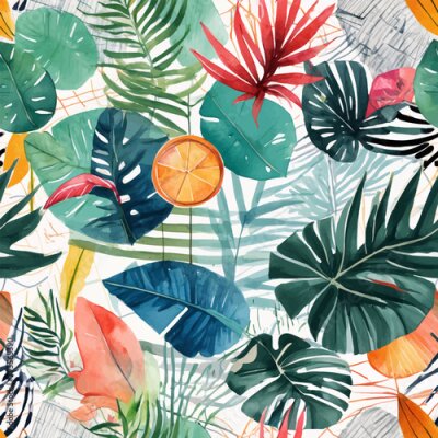 Papier peint  Beach cheerful seamless pattern wallpaper of tropical dark green leaves of palm trees and flowers bird of paradise (strelitzia) plumeria on a watercolor background