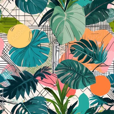 Papier peint  Beach cheerful seamless pattern wallpaper of tropical dark green leaves of palm trees and flowers bird of paradise (strelitzia) plumeria on a watercolor background
