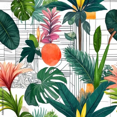 Papier peint  Beach cheerful seamless pattern wallpaper of tropical dark green leaves of palm trees and flowers bird of paradise (strelitzia) plumeria on a watercolor background